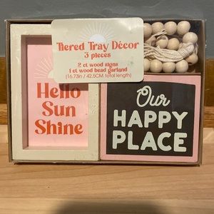 BRAND NEW TIERED TRAY DECOR. 2 CT WOOD SIGN, 1 CT WOOD BEAD GARLAND! NIB. NWT.